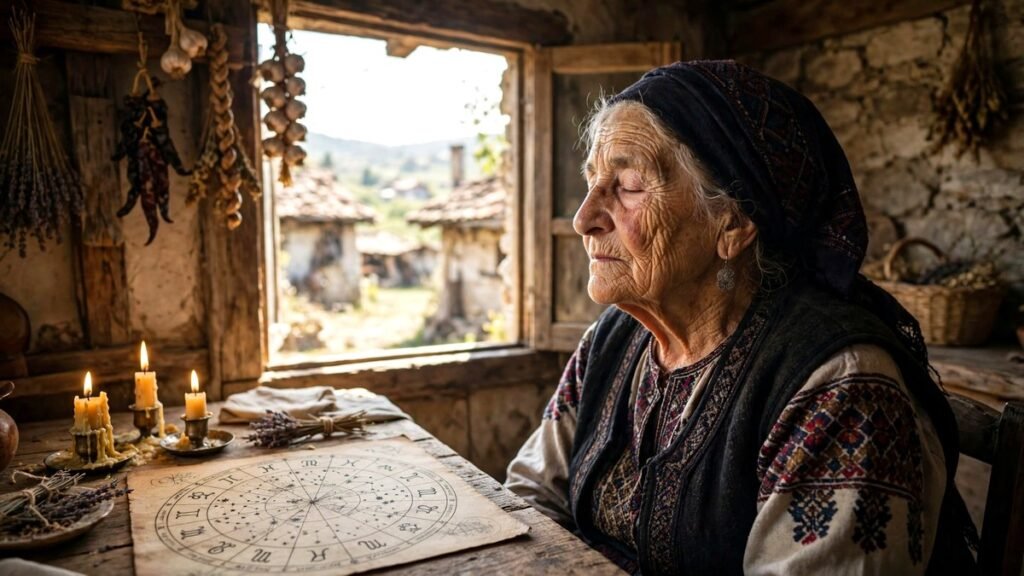An elderly mystic woman in traditional dress sitting by a bright window with candles, realistic photo