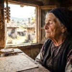 An elderly mystic woman in traditional dress sitting by a bright window with candles, realistic photo