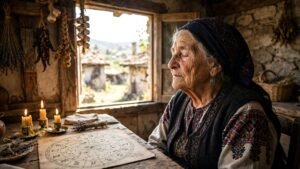An elderly mystic woman in traditional dress sitting by a bright window with candles, realistic photo