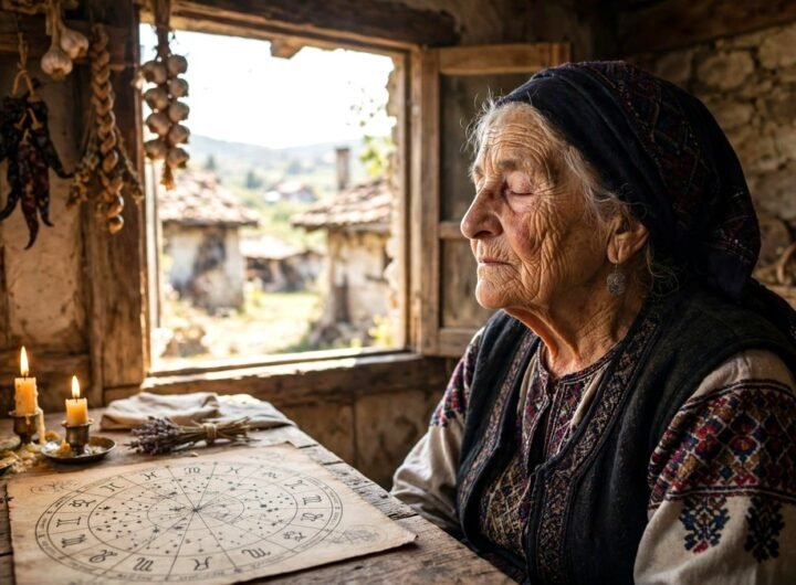 An elderly mystic woman in traditional dress sitting by a bright window with candles, realistic photo