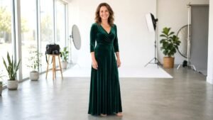 Confident woman in an elegant evening dress smiling at a bright photo studio, natural curves, realistic photo
