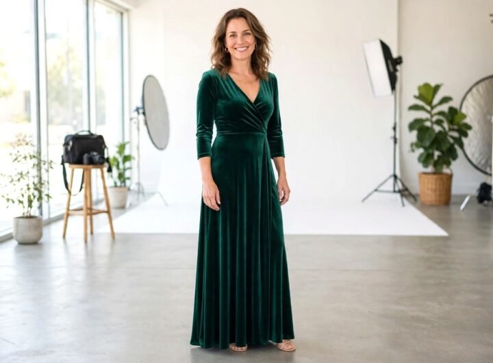 Confident woman in an elegant evening dress smiling at a bright photo studio, natural curves, realistic photo