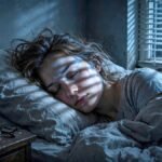 Realistic night photo of a person sleeping in a dark bedroom, moonlight falling through window blinds across their face
