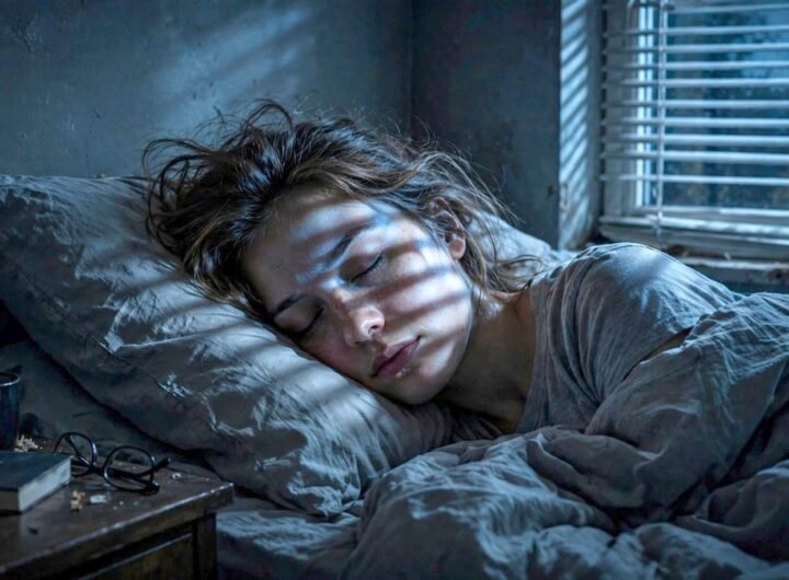 Realistic night photo of a person sleeping in a dark bedroom, moonlight falling through window blinds across their face