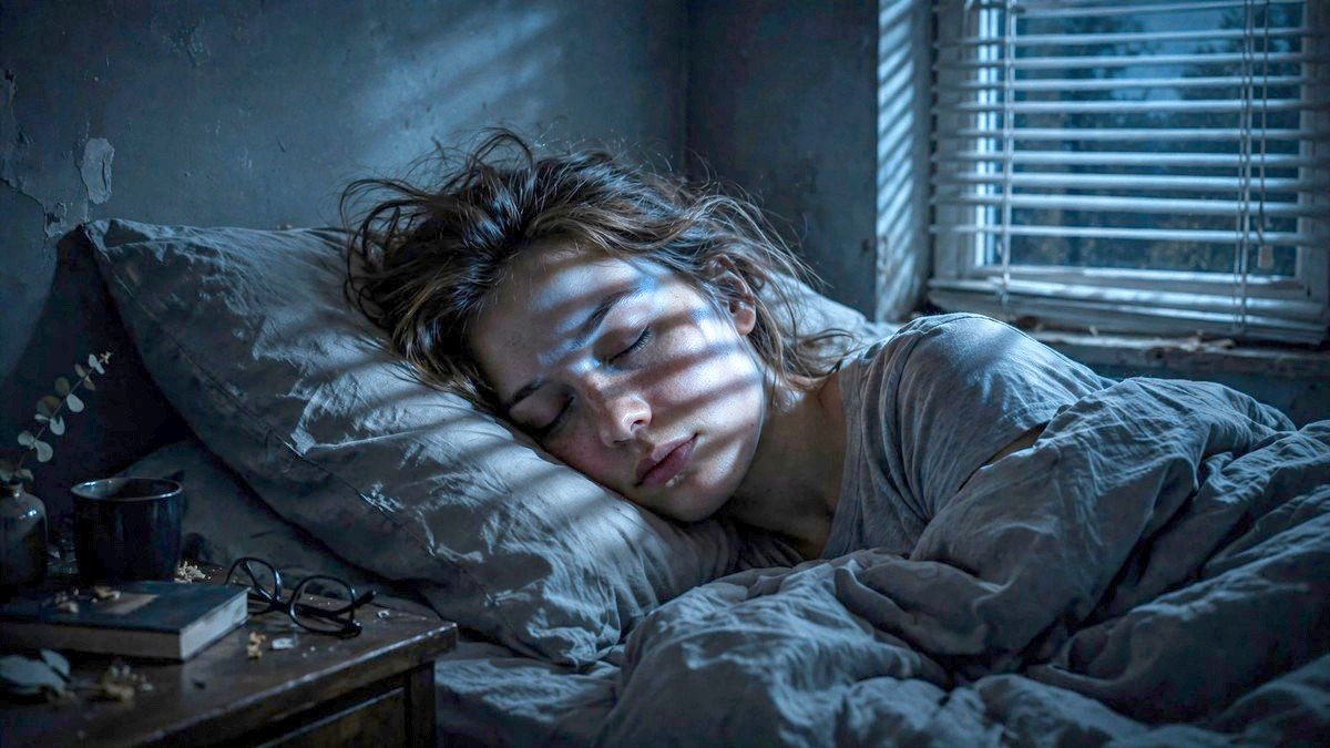 Realistic night photo of a person sleeping in a dark bedroom, moonlight falling through window blinds across their face